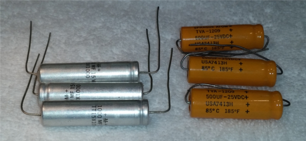 Electrolytic capacitors for power supply.  Note that the 500uF Sprague caps are an exact match to the article photos, including the batch number.